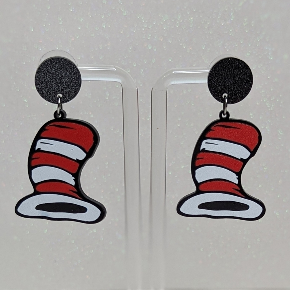 Dr. Seuss Red and White Striped Hat Drop Earrings